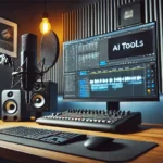 DALL·E 2024-07-13 16.43.20 - A professional recording studio setup with a high-quality microphone and computer. The computer screen displays the Filmora video editing interface wi