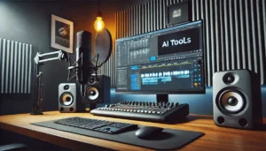DALL·E 2024-07-13 16.43.20 - A professional recording studio setup with a high-quality microphone and computer. The computer screen displays the Filmora video editing interface wi